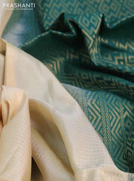 Kanchipuram soft silk saree cream and dark green with allover zari weaves & buttas in borderless style