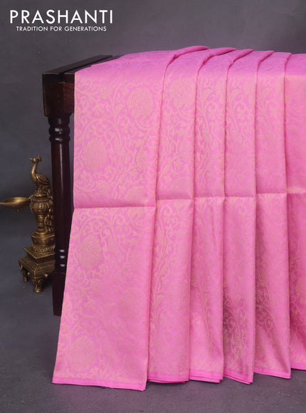 Kanchipuram soft silk saree light pink and grey with allover zari woven brocade weaves in borderless style