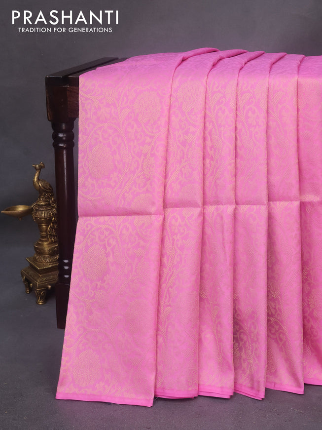 Kanchipuram soft silk saree light pink and grey with allover zari woven brocade weaves in borderless style