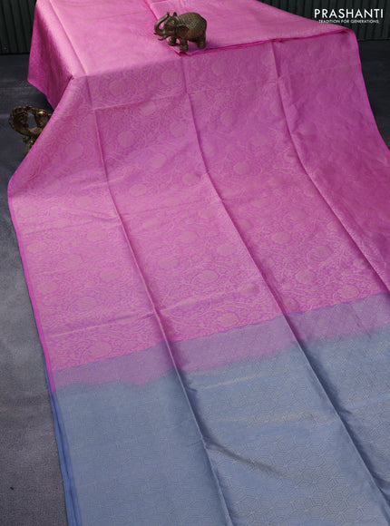 Kanchipuram soft silk saree light pink and grey with allover zari woven brocade weaves in borderless style