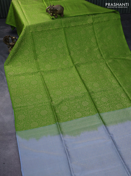 Kanchipuram soft silk saree light green and pastel grey with allover zari woven brocade weaves in borderless style