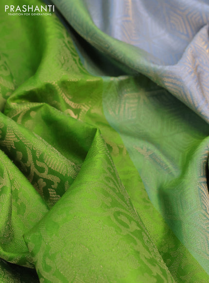 Kanchipuram soft silk saree light green and pastel grey with allover zari woven brocade weaves in borderless style