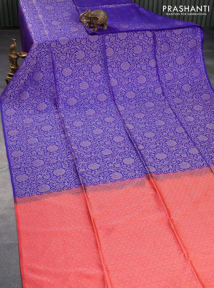 Kanchipuram soft silk saree blue and dual shade of orange with allover zari woven brocade weaves in borderless style