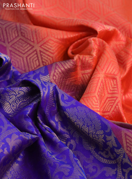 Kanchipuram soft silk saree blue and dual shade of orange with allover zari woven brocade weaves in borderless style