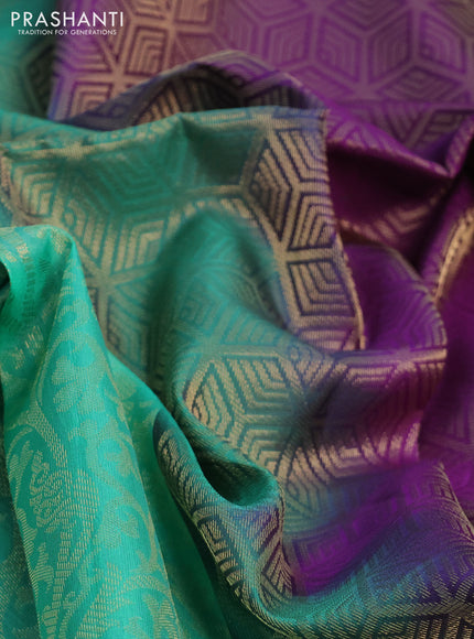 Kanchipuram soft silk saree teal green and purple with allover zari woven brocade weaves in borderless style