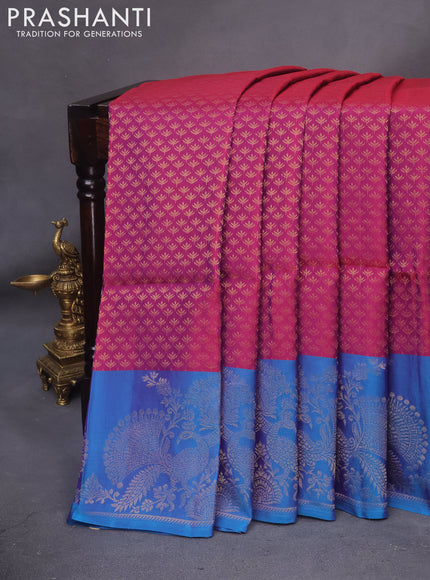 Kanchipuram soft silk saree purple and dual shade of cs blue with allover zari woven brocade weaves and zari woven border