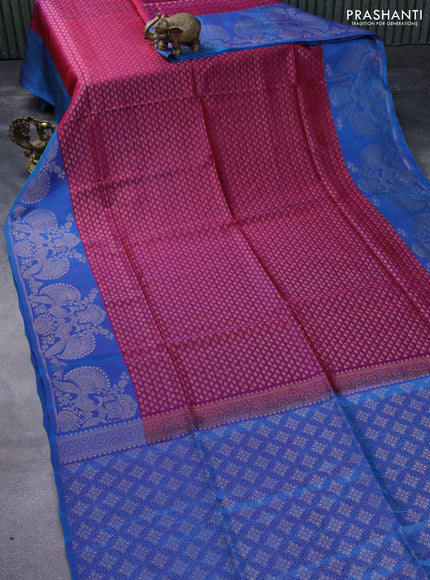 Kanchipuram soft silk saree purple and dual shade of cs blue with allover zari woven brocade weaves and zari woven border