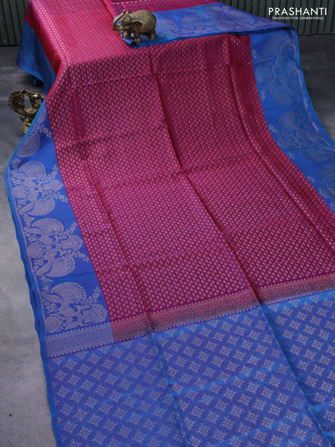 Kanchipuram soft silk saree purple and dual shade of cs blue with allover zari woven brocade weaves and zari woven border