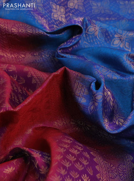 Kanchipuram soft silk saree purple and dual shade of cs blue with allover zari woven brocade weaves and zari woven border