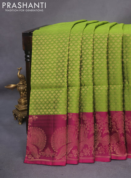 Kanchipuram soft silk saree green and dark magenta pink with allover zari woven brocade weaves and zari woven border