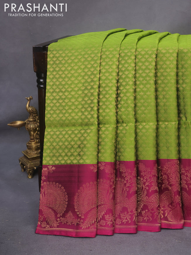 Kanchipuram soft silk saree green and dark magenta pink with allover zari woven brocade weaves and zari woven border