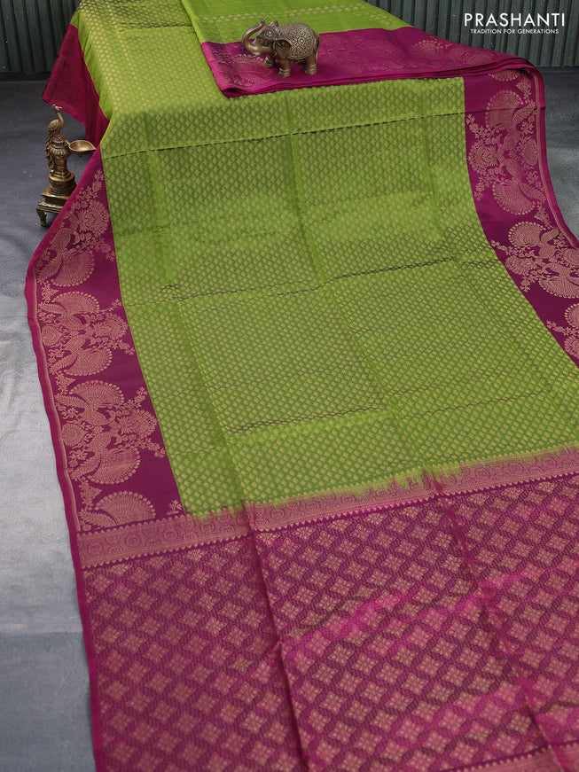 Kanchipuram soft silk saree green and dark magenta pink with allover zari woven brocade weaves and zari woven border