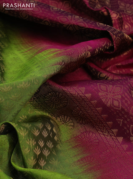 Kanchipuram soft silk saree green and dark magenta pink with allover zari woven brocade weaves and zari woven border