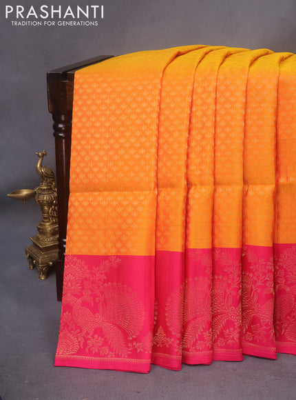 Kanchipuram soft silk saree dual shade of mustard yellow and pink with allover zari woven brocade weaves and zari woven border