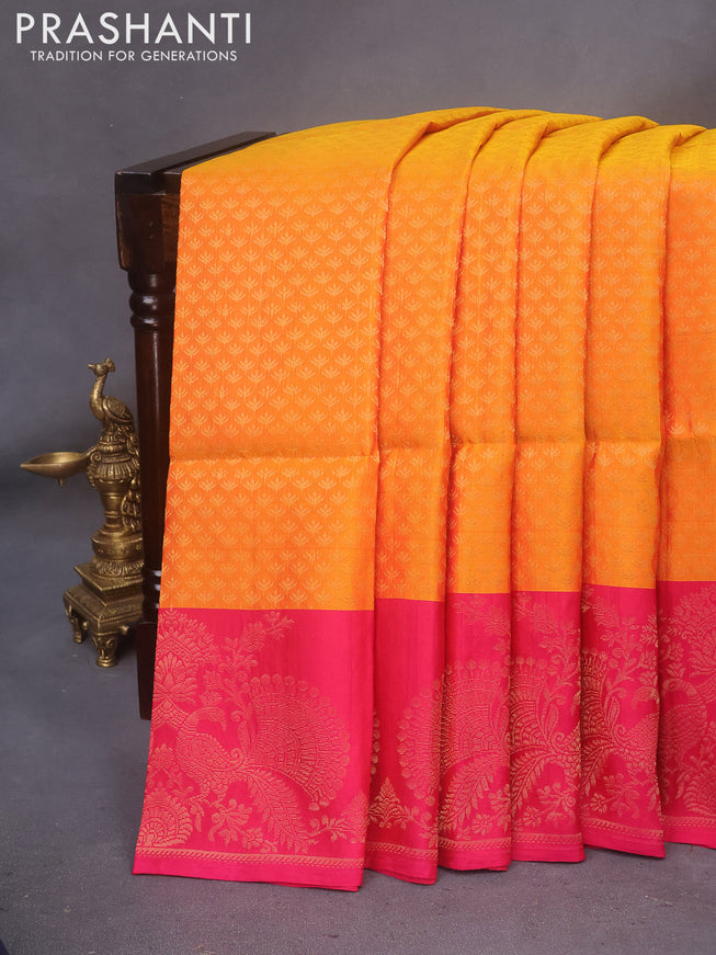 Kanchipuram soft silk saree dual shade of mustard yellow and pink with allover zari woven brocade weaves and zari woven border