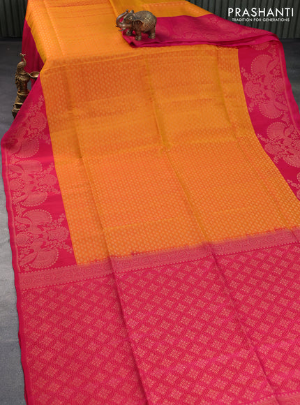 Kanchipuram soft silk saree dual shade of mustard yellow and pink with allover zari woven brocade weaves and zari woven border