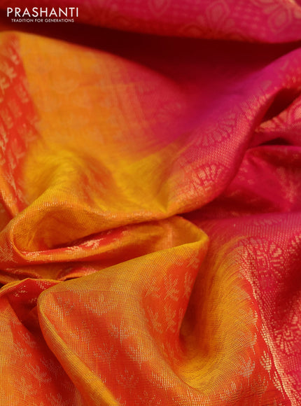 Kanchipuram soft silk saree dual shade of mustard yellow and pink with allover zari woven brocade weaves and zari woven border