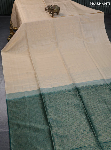 Kanchipuram soft silk saree cream and bottle green with allover zari woven brocade weaves in borderless style