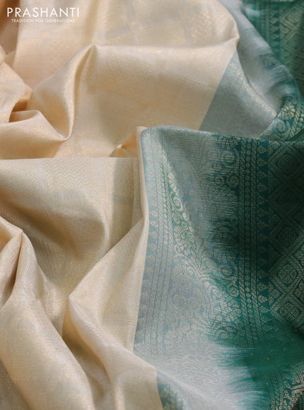 Kanchipuram soft silk saree cream and bottle green with allover zari woven brocade weaves in borderless style