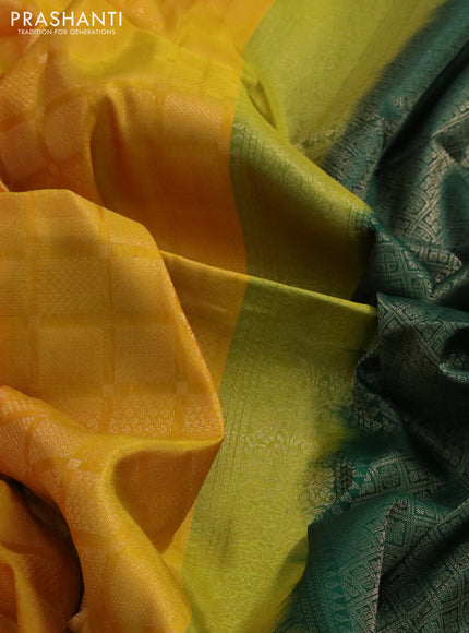 Kanchipuram soft silk saree mango yellow and dark green with allover zari woven brocade weaves in borderless style