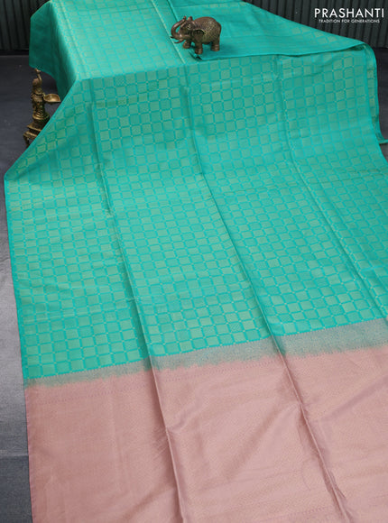 Kanchipuram soft silk saree teal green shade and pastel pach with allover zari woven brocade weaves in borderless style