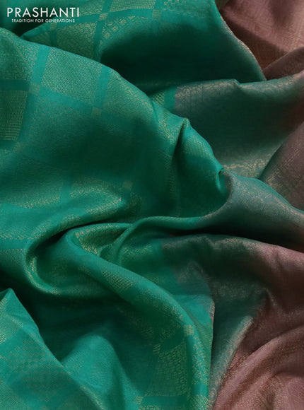 Kanchipuram soft silk saree teal green shade and pastel pach with allover zari woven brocade weaves in borderless style