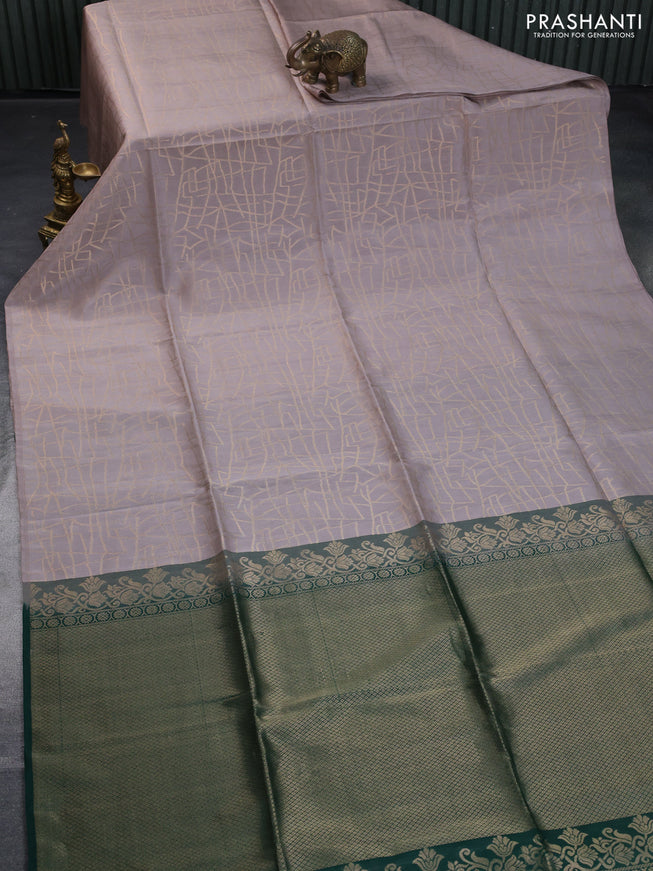 Kanchipuram soft silk saree beige and dark green with allover zari woven brocade weaves in borderless style