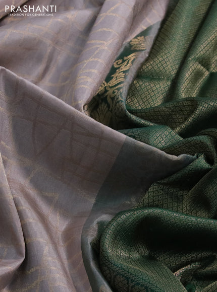 Kanchipuram soft silk saree beige and dark green with allover zari woven brocade weaves in borderless style