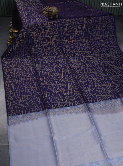 Kanchipuram soft silk saree navy blue and grey with allover zari woven brocade weaves in borderless style