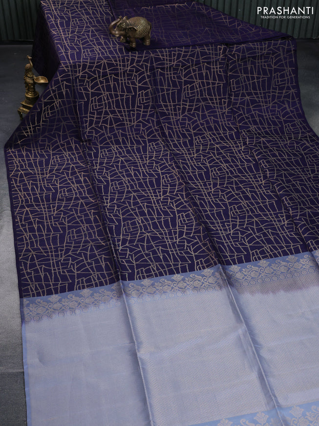 Kanchipuram soft silk saree navy blue and grey with allover zari woven brocade weaves in borderless style