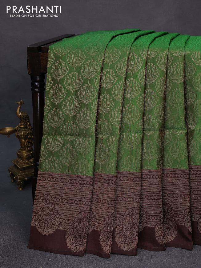 Kanchipuram soft silk saree green and coffee brown with allover zari woven brocade weaves and long zari woven border