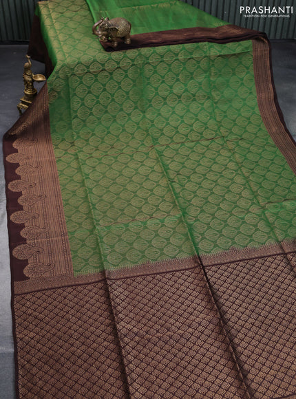 Kanchipuram soft silk saree green and coffee brown with allover zari woven brocade weaves and long zari woven border