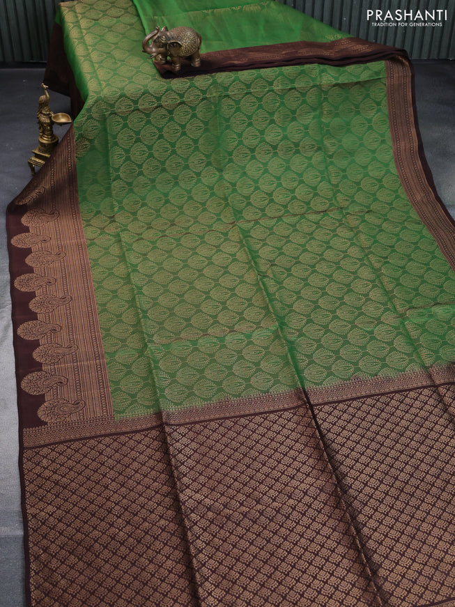 Kanchipuram soft silk saree green and coffee brown with allover zari woven brocade weaves and long zari woven border