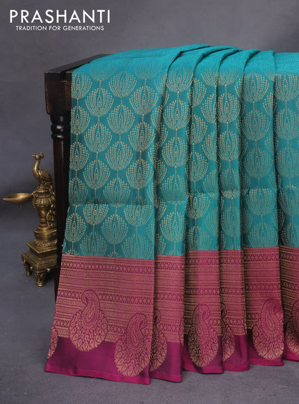 Kanchipuram soft silk saree peacock green and purple with allover zari woven brocade weaves and long zari woven border