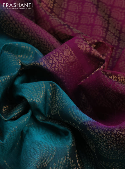 Kanchipuram soft silk saree peacock green and purple with allover zari woven brocade weaves and long zari woven border