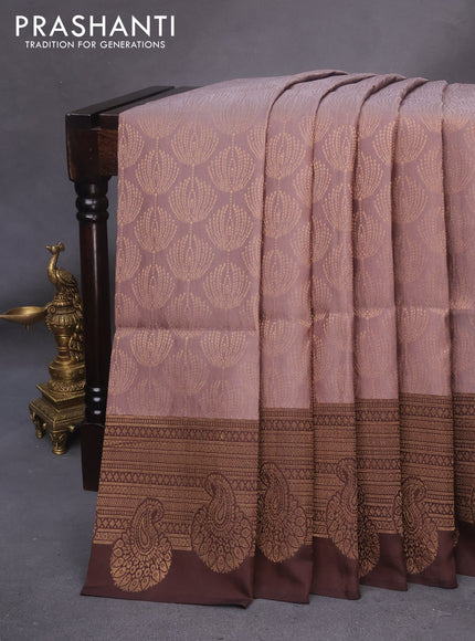 Kanchipuram soft silk saree pastel brown and coffee brown with allover zari woven brocade weaves and long zari woven border