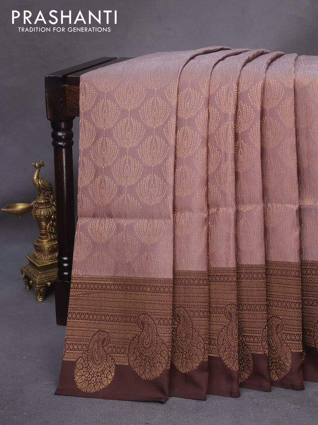 Kanchipuram soft silk saree pastel brown and coffee brown with allover zari woven brocade weaves and long zari woven border