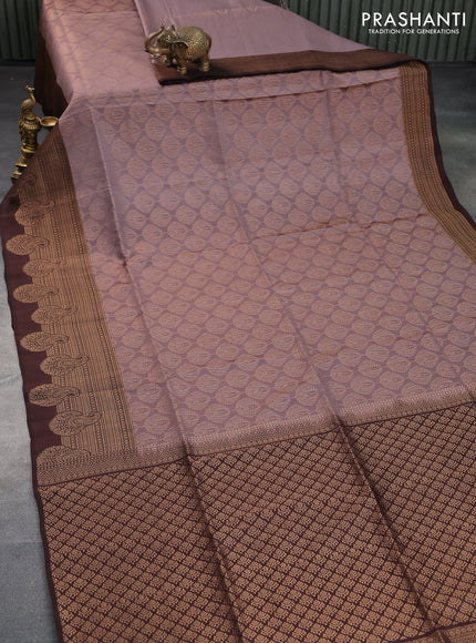 Kanchipuram soft silk saree pastel brown and coffee brown with allover zari woven brocade weaves and long zari woven border