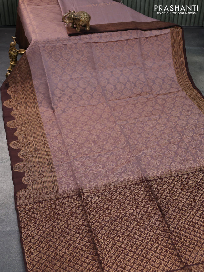 Kanchipuram soft silk saree pastel brown and coffee brown with allover zari woven brocade weaves and long zari woven border