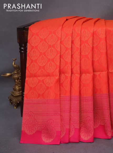 Kanchipuram soft silk saree orange and dual shade of pink with allover zari woven brocade weaves and long zari woven border