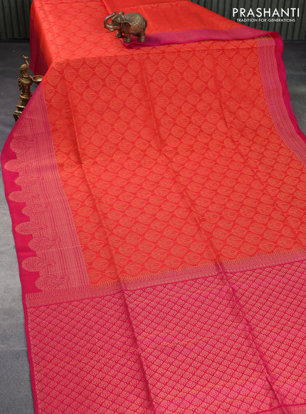 Kanchipuram soft silk saree orange and dual shade of pink with allover zari woven brocade weaves and long zari woven border