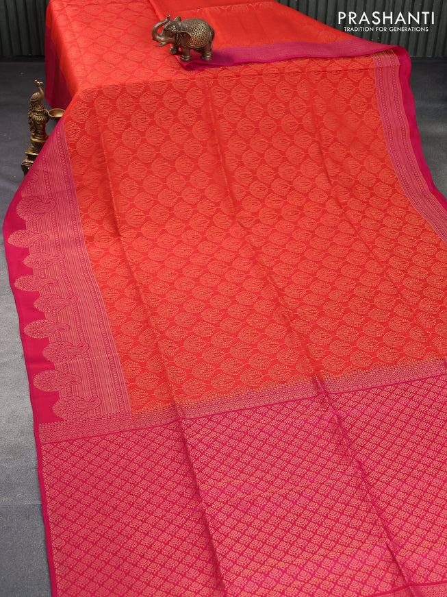 Kanchipuram soft silk saree orange and dual shade of pink with allover zari woven brocade weaves and long zari woven border