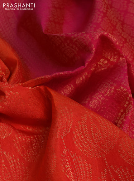 Kanchipuram soft silk saree orange and dual shade of pink with allover zari woven brocade weaves and long zari woven border