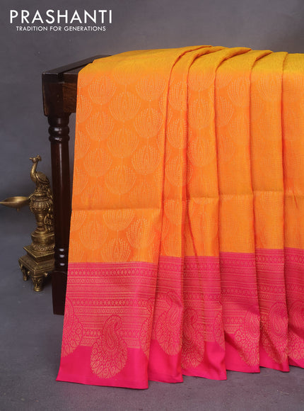 Kanchipuram soft silk saree mango yellow and dual shade of pink with allover zari woven brocade weaves and long zari woven border