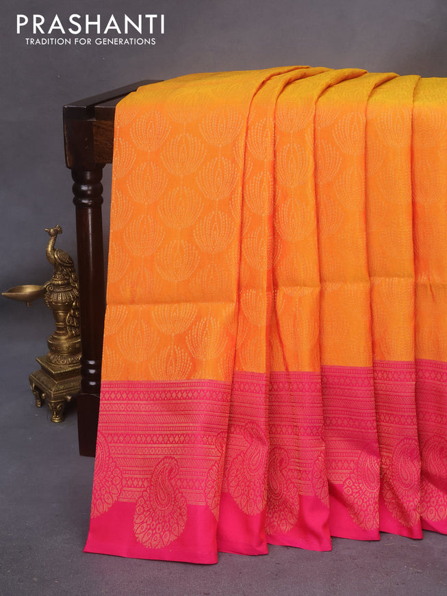 Kanchipuram soft silk saree mango yellow and dual shade of pink with allover zari woven brocade weaves and long zari woven border