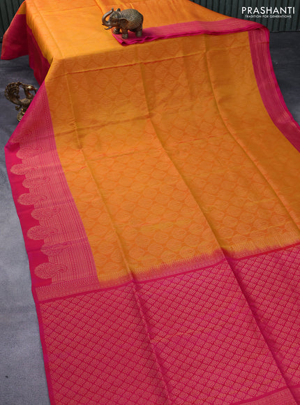 Kanchipuram soft silk saree mango yellow and dual shade of pink with allover zari woven brocade weaves and long zari woven border