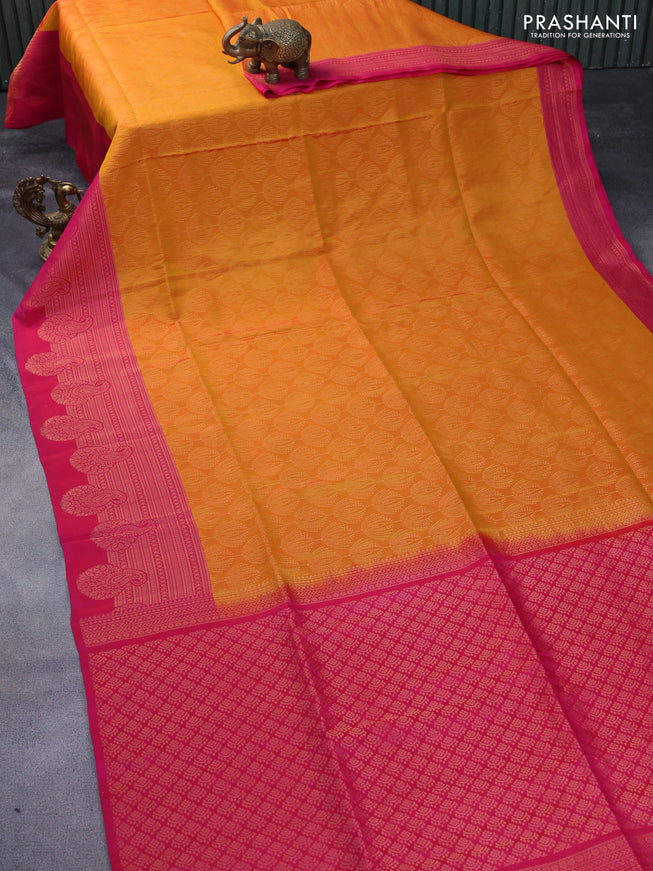 Kanchipuram soft silk saree mango yellow and dual shade of pink with allover zari woven brocade weaves and long zari woven border