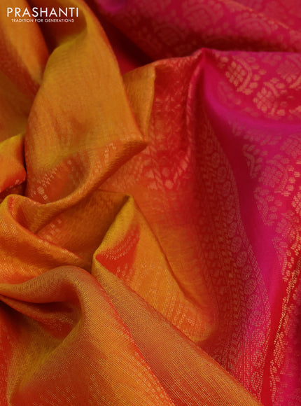 Kanchipuram soft silk saree mango yellow and dual shade of pink with allover zari woven brocade weaves and long zari woven border