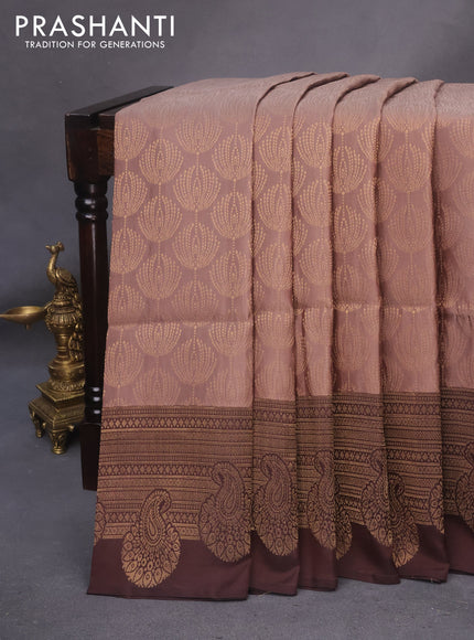 Kanchipuram soft silk saree pastel brown and coffee brown with allover zari woven brocade weaves and long zari woven border