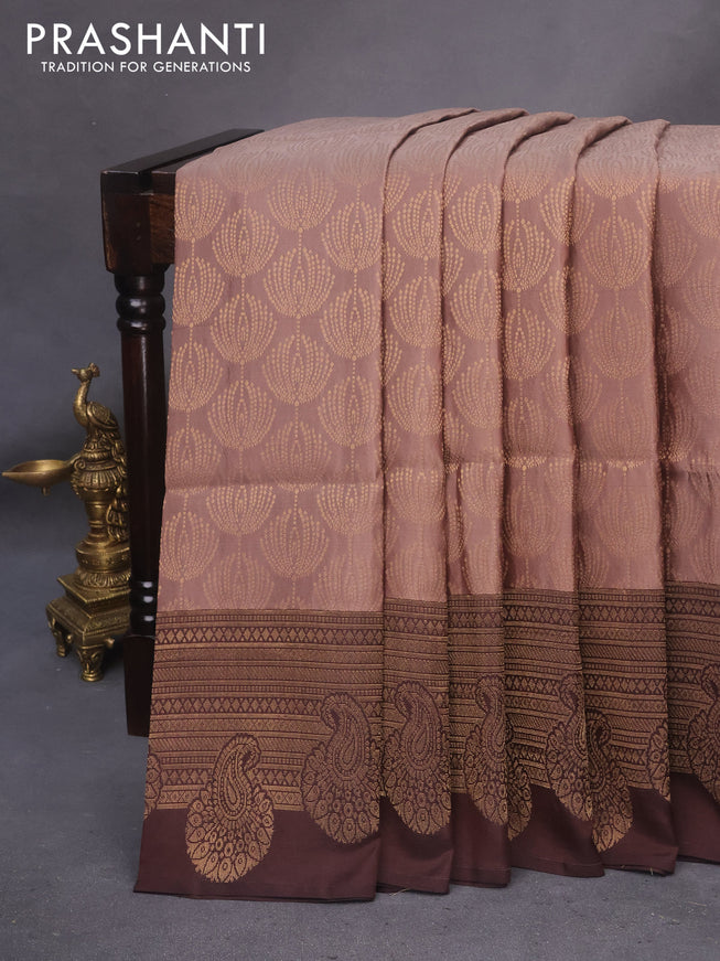 Kanchipuram soft silk saree pastel brown and coffee brown with allover zari woven brocade weaves and long zari woven border